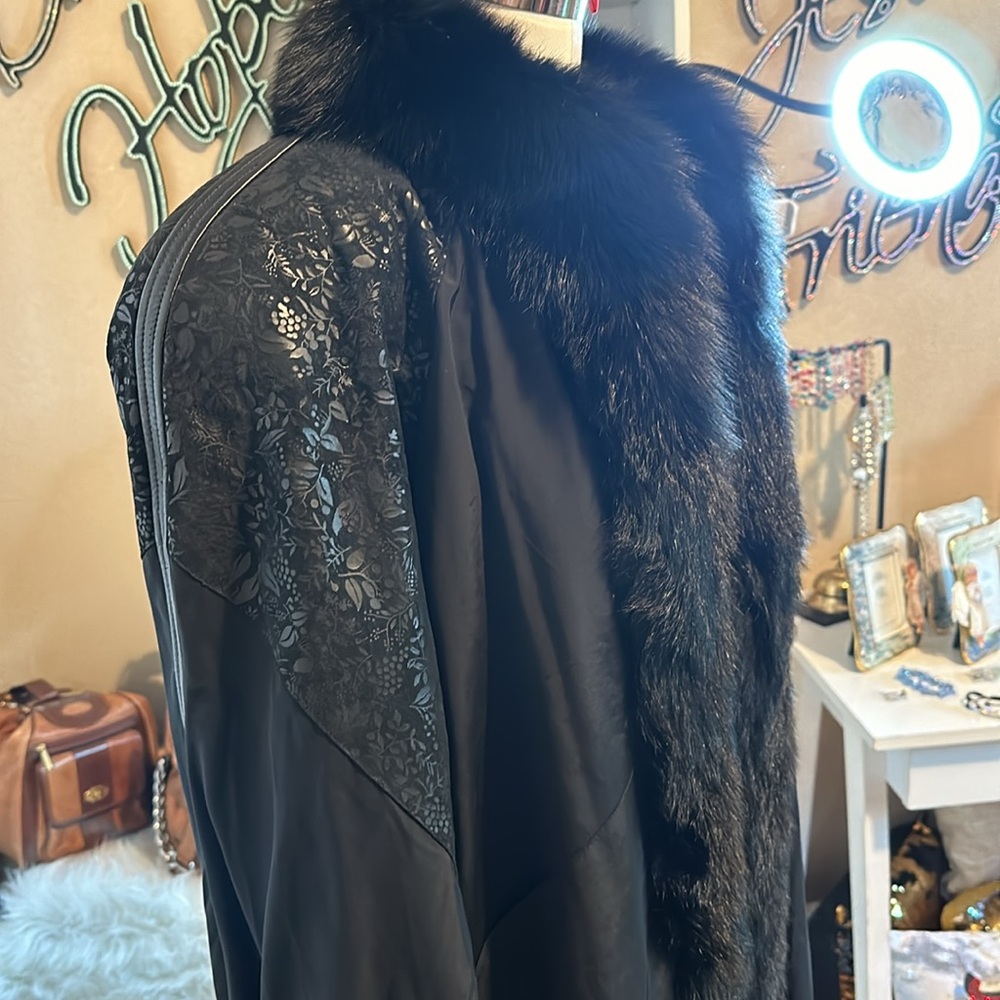 Long Taffeta Coat w/ Leather Embossed Sleeves & Black Fox fur Tuxedo trim